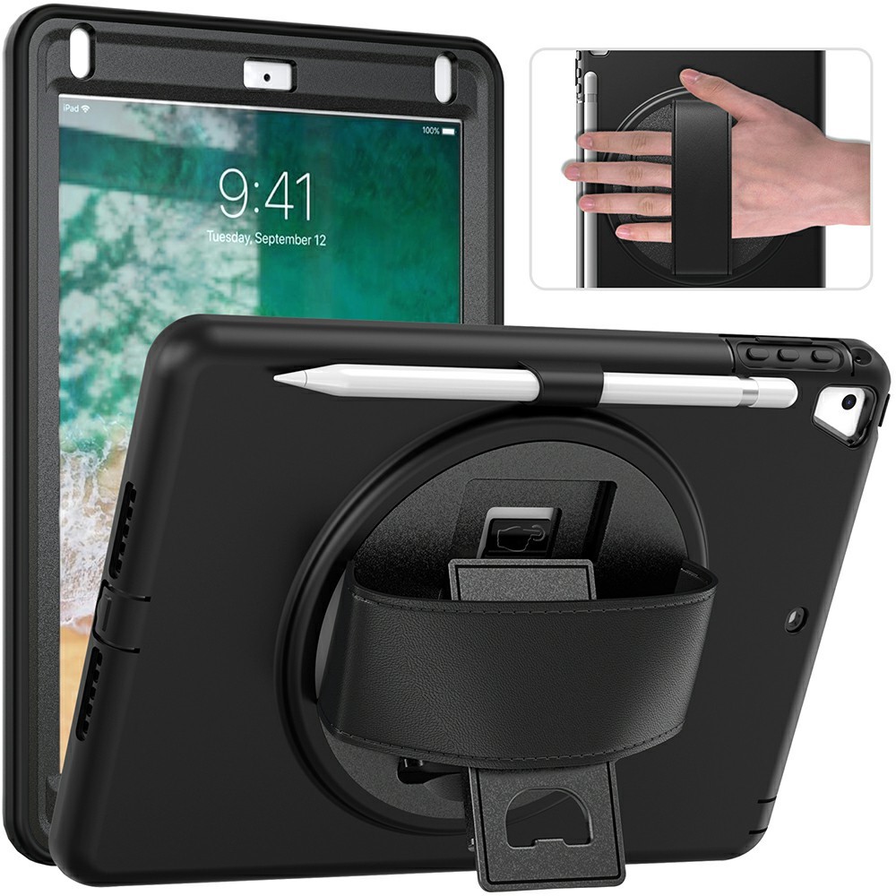 360 ° Schwenkschlag PC TPU Protector Case Mit Stiftschlitz Handgurt Für IPad 9,7 Zoll (2018) (2017) / Pro 9,7 Zoll (2016) / Air 2 / Air (2013) - Schwarz-1