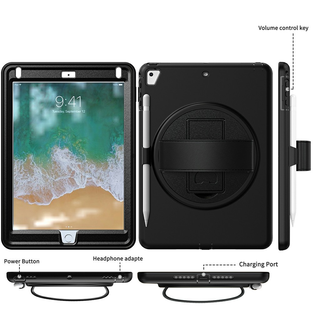 360 ° Schwenkschlag PC TPU Protector Case Mit Stiftschlitz Handgurt Für IPad 9,7 Zoll (2018) (2017) / Pro 9,7 Zoll (2016) / Air 2 / Air (2013) - Schwarz-2