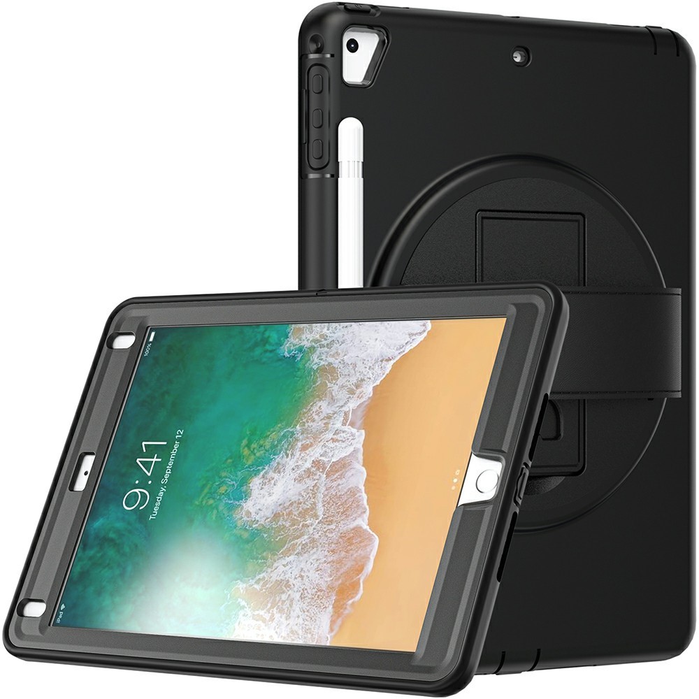 360 ° Schwenkschlag PC TPU Protector Case Mit Stiftschlitz Handgurt Für IPad 9,7 Zoll (2018) (2017) / Pro 9,7 Zoll (2016) / Air 2 / Air (2013) - Schwarz-20