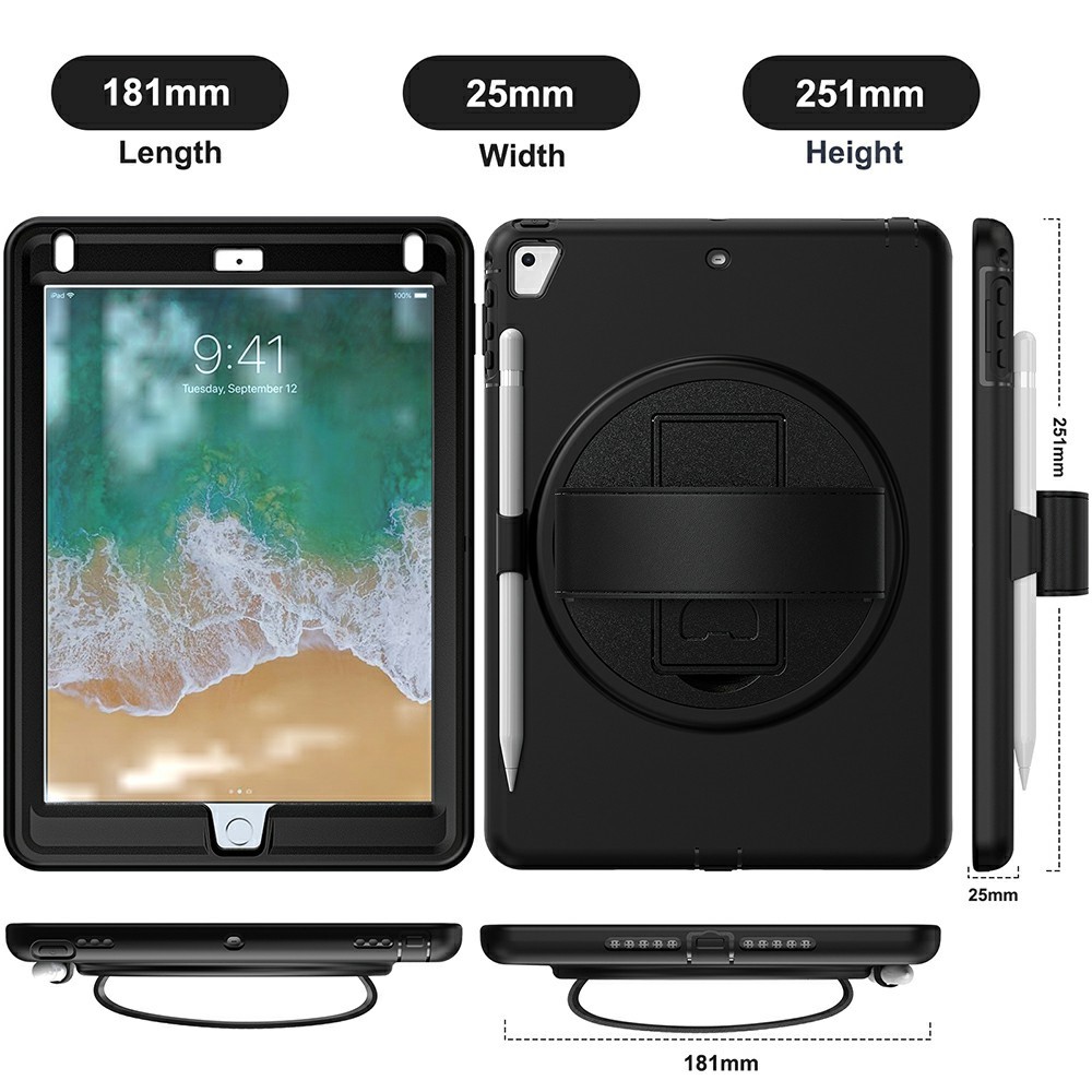 360 ° Schwenkschlag PC TPU Protector Case Mit Stiftschlitz Handgurt Für IPad 9,7 Zoll (2018) (2017) / Pro 9,7 Zoll (2016) / Air 2 / Air (2013) - Schwarz-3