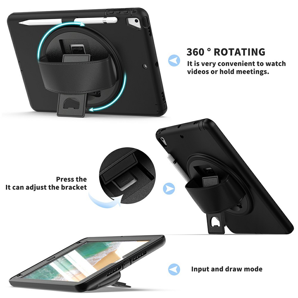 360 ° Schwenkschlag PC TPU Protector Case Mit Stiftschlitz Handgurt Für IPad 9,7 Zoll (2018) (2017) / Pro 9,7 Zoll (2016) / Air 2 / Air (2013) - Schwarz-6