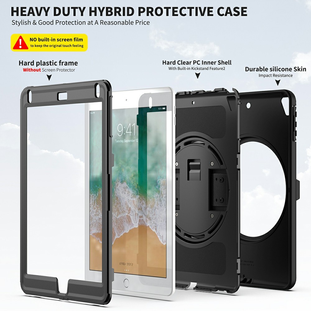360 ° Schwenkschlag PC TPU Protector Case Mit Stiftschlitz Handgurt Für IPad 9,7 Zoll (2018) (2017) / Pro 9,7 Zoll (2016) / Air 2 / Air (2013) - Schwarz-7
