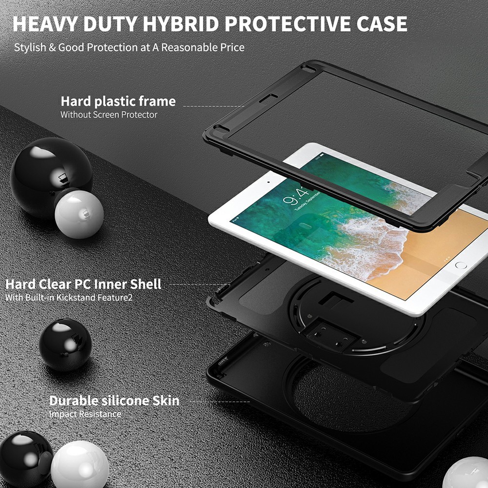360 ° Schwenkschlag PC TPU Protector Case Mit Stiftschlitz Handgurt Für IPad 9,7 Zoll (2018) (2017) / Pro 9,7 Zoll (2016) / Air 2 / Air (2013) - Schwarz-8