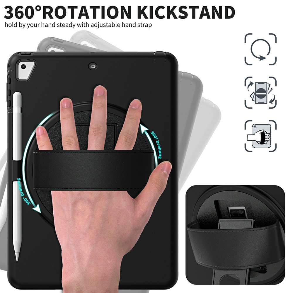 360 ° Schwenkschlag PC TPU Protector Case Mit Stiftschlitz Handgurt Für IPad 9,7 Zoll (2018) (2017) / Pro 9,7 Zoll (2016) / Air 2 / Air (2013) - Schwarz-9
