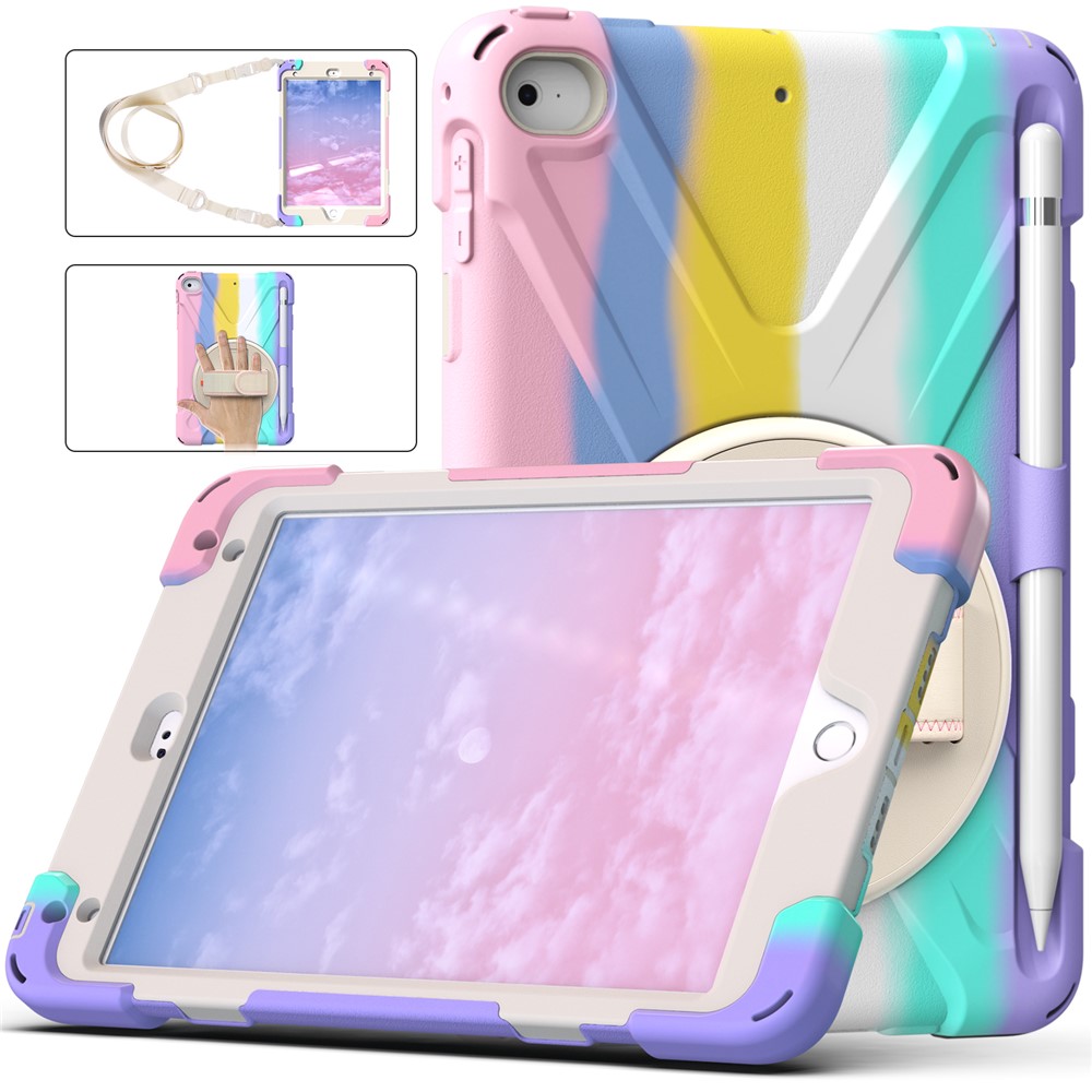 Revolving Kickstand Design Tablet Cover + Strap with Colorful Rainbow Pattern Design for iPad mini 4/(2019) 7.9 inch - Colorful/Pink-4