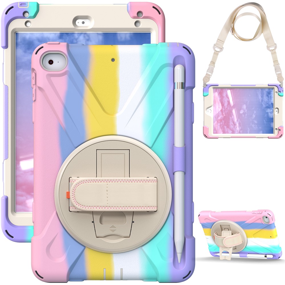 Revolving Kickstand Design Tablet Cover + Strap with Colorful Rainbow Pattern Design for iPad mini 4/(2019) 7.9 inch - Colorful/Pink-7
