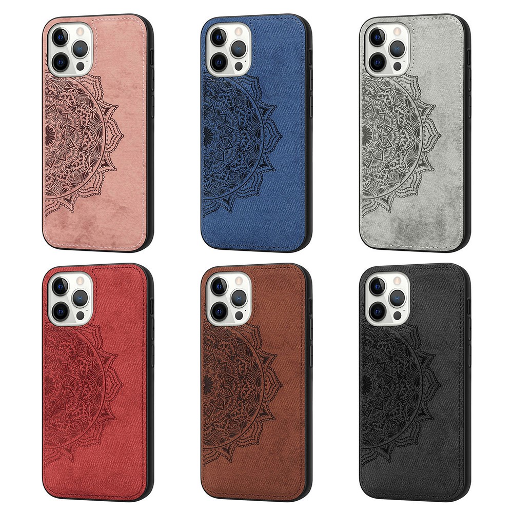 Imprint Mandala Flower Leather Coated PC + TPU Phone Case for iPhone 12 Pro / iPhone 12 - Black-12