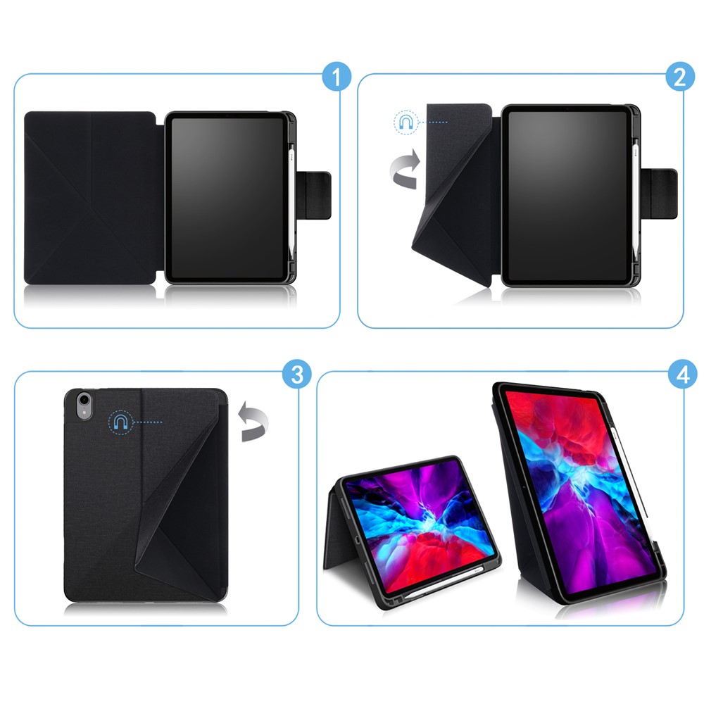 Origami Stand Strong Magnet Absorption Leather Smart Cover with Pen Slot for iPad Air (2020) - Black-7