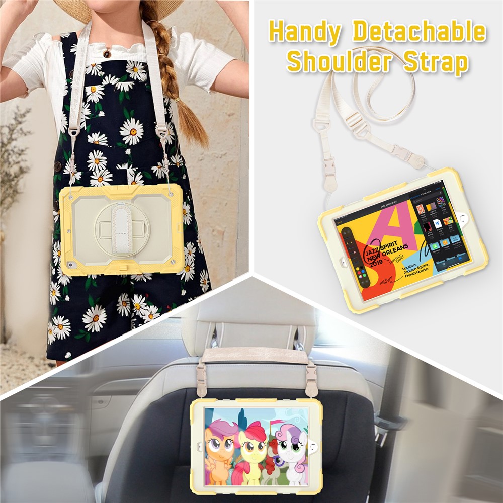 For iPad 10.2 (2020) (2019) Full Body Protection Case PC Silicone Cover with Kickstand Hand Strap Shoulder Strap - Yellow-3