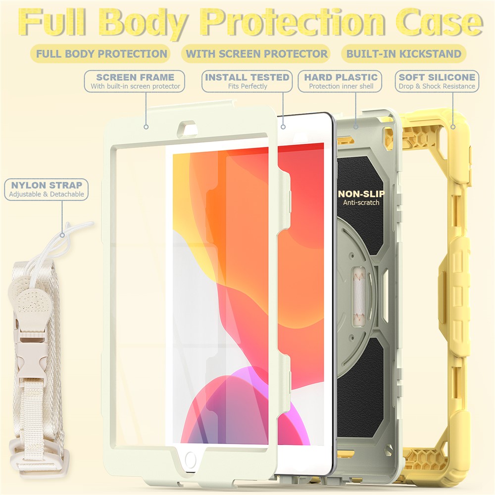 For iPad 10.2 (2020) (2019) Full Body Protection Case PC Silicone Cover with Kickstand Hand Strap Shoulder Strap - Yellow-4