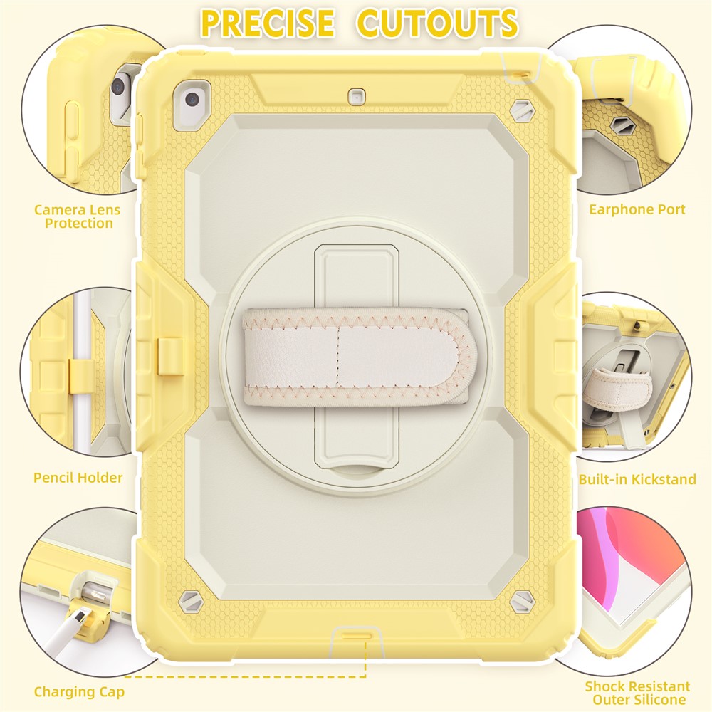 For iPad 10.2 (2020) (2019) Full Body Protection Case PC Silicone Cover with Kickstand Hand Strap Shoulder Strap - Yellow-5