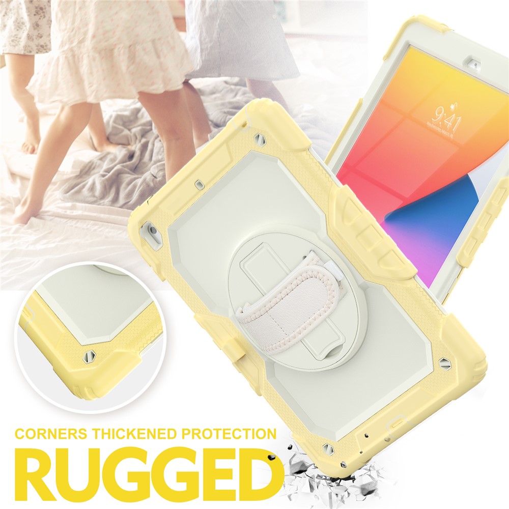 For iPad 10.2 (2020) (2019) Full Body Protection Case PC Silicone Cover with Kickstand Hand Strap Shoulder Strap - Yellow-6