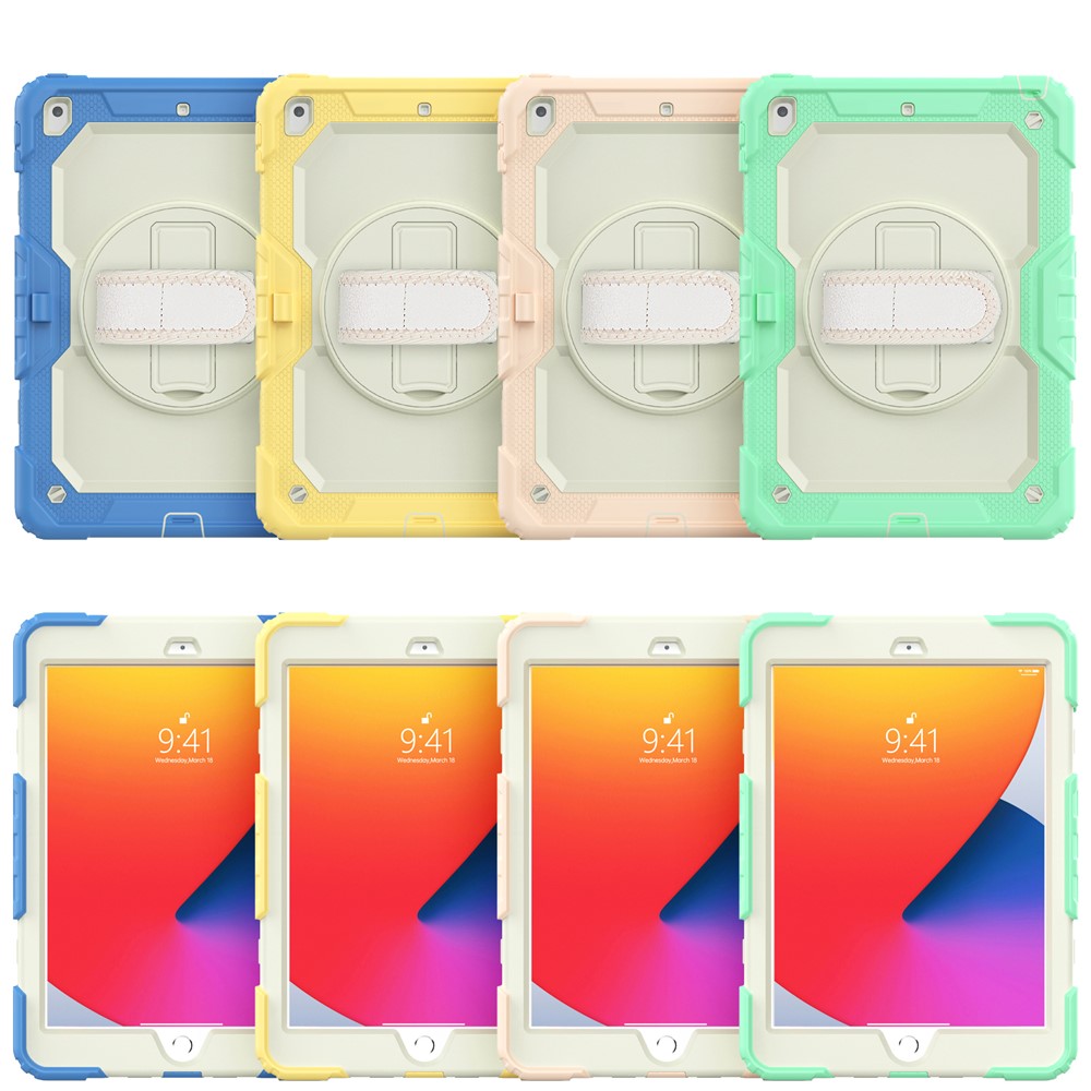 For iPad 10.2 (2020) (2019) Full Body Protection Case PC Silicone Cover with Kickstand Hand Strap Shoulder Strap - Yellow-7