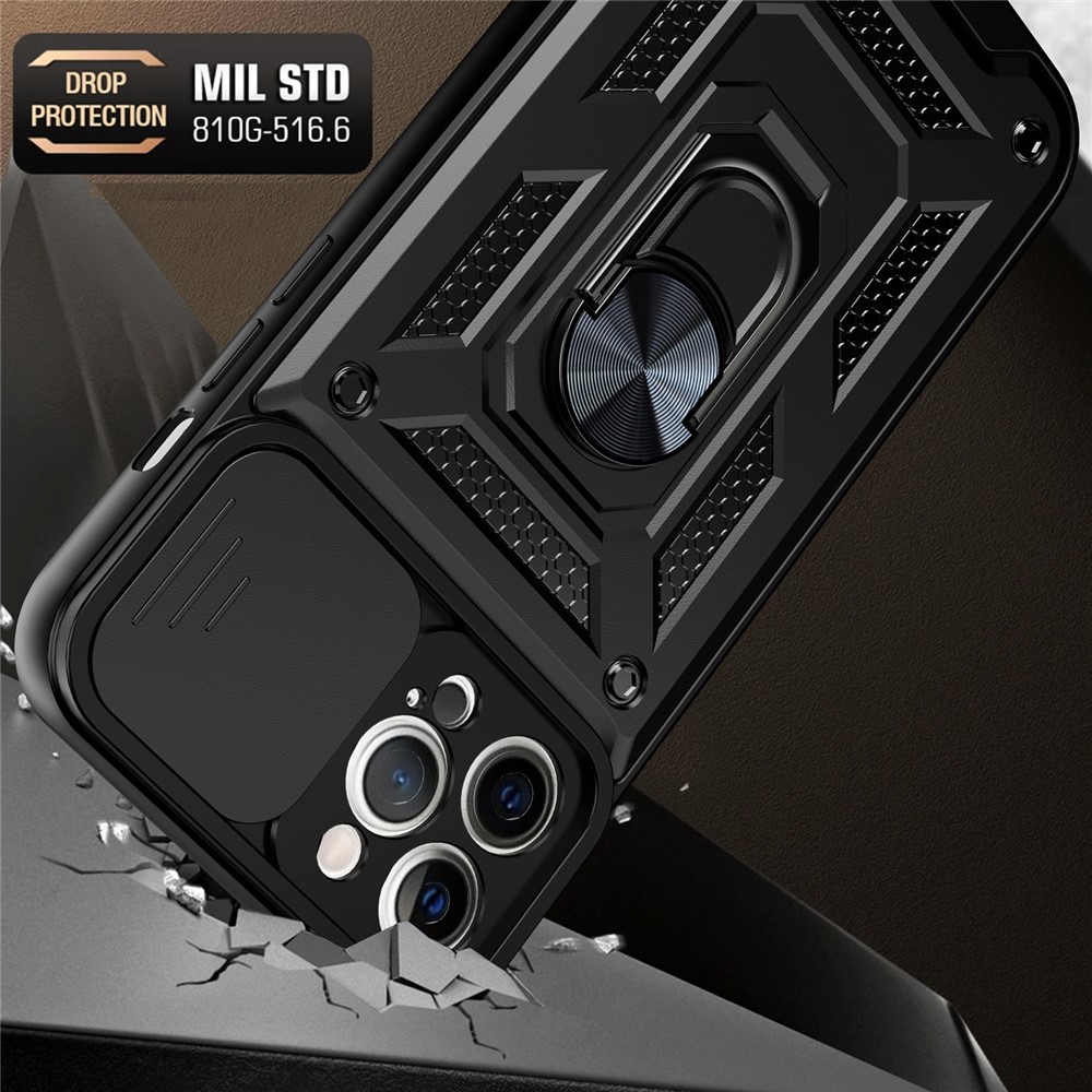 Camera Push Window Phone Case Cover with Kickstand Ring Holder for iPhone 12 Pro Max - Black-2