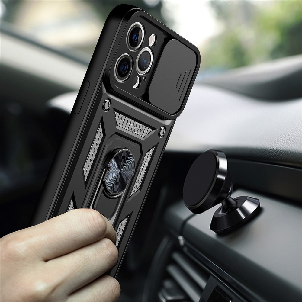 Camera Push Window Phone Case Cover with Kickstand Ring Holder for iPhone 12 Pro Max - Black-3