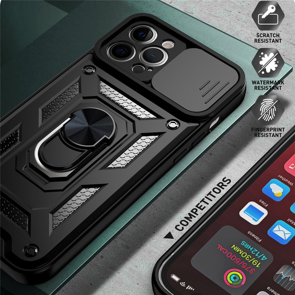 Camera Push Window Phone Case Cover with Kickstand Ring Holder for iPhone 12 Pro Max - Black-4