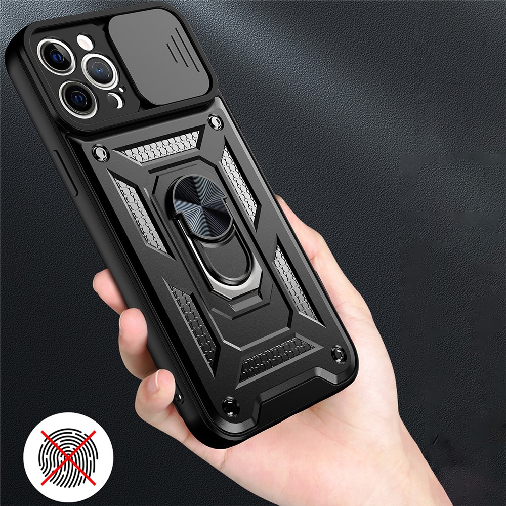 Camera Push Window Phone Case Cover with Kickstand Ring Holder for iPhone 12 Pro Max - Black-5