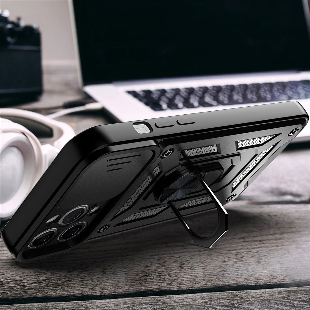 Camera Push Window Phone Case Cover with Kickstand Ring Holder for iPhone 12 Pro Max - Black-6