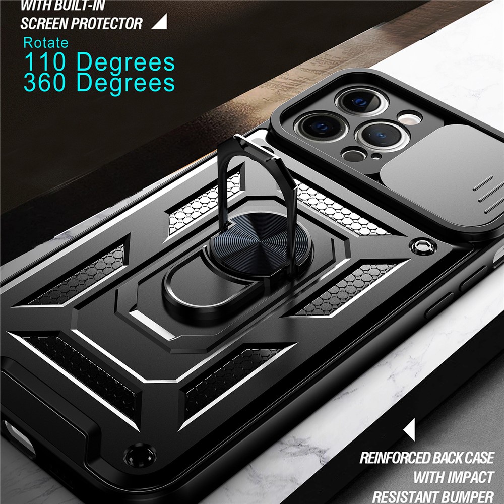 Camera Push Window Phone Case Cover with Kickstand Ring Holder for iPhone 12 Pro Max - Black-7