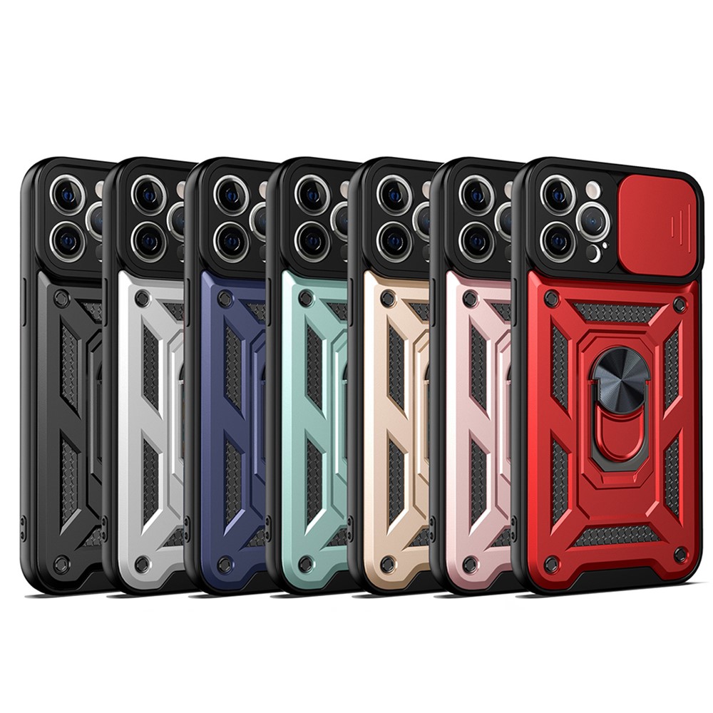 Camera Push Window Phone Case Cover with Kickstand Ring Holder for iPhone 12 Pro Max - Black-8