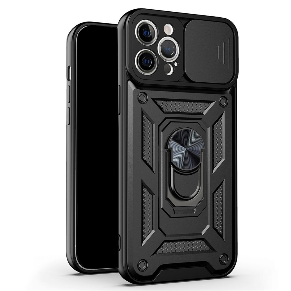 Shockproof Camera Slide Phone Case Cover with Kickstand Ring Holder for iPhone 12 Pro - Black-1