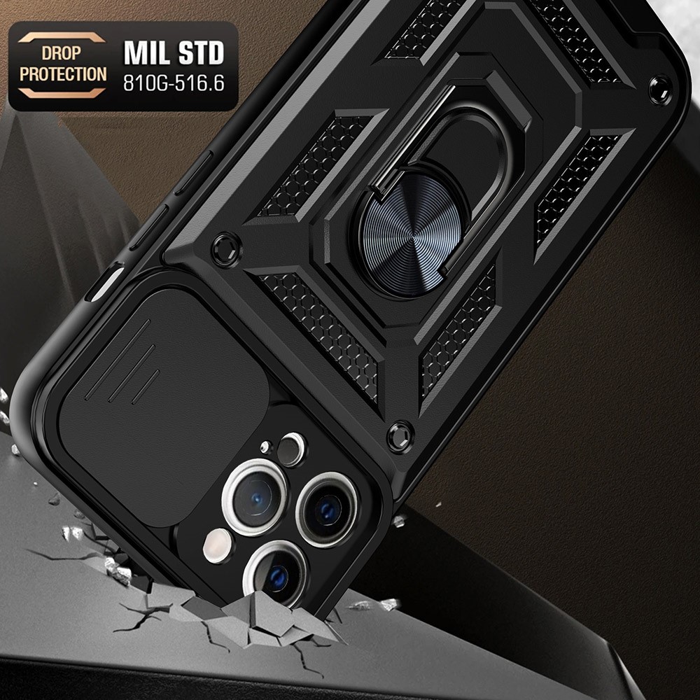 Shockproof Camera Slide Phone Case Cover with Kickstand Ring Holder for iPhone 12 Pro - Black-2