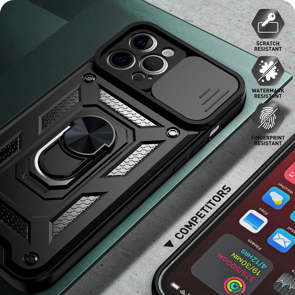 Shockproof Camera Slide Phone Case Cover with Kickstand Ring Holder for iPhone 12 Pro - Black-4