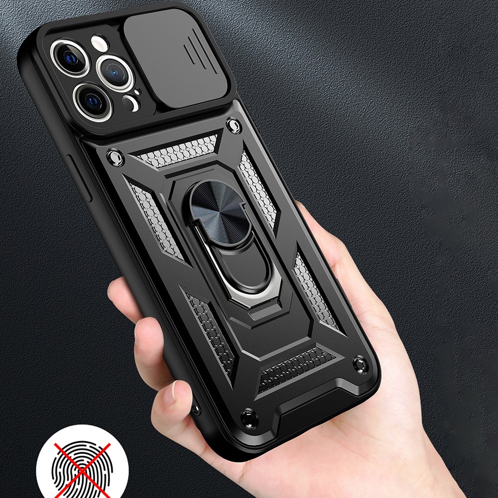 Shockproof Camera Slide Phone Case Cover with Kickstand Ring Holder for iPhone 12 Pro - Black-5