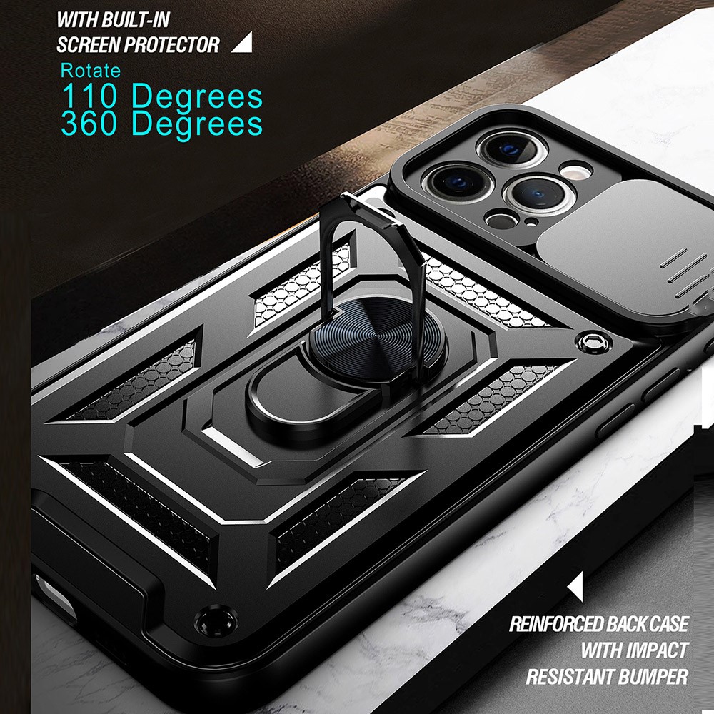 Shockproof Camera Slide Phone Case Cover with Kickstand Ring Holder for iPhone 12 Pro - Black-7