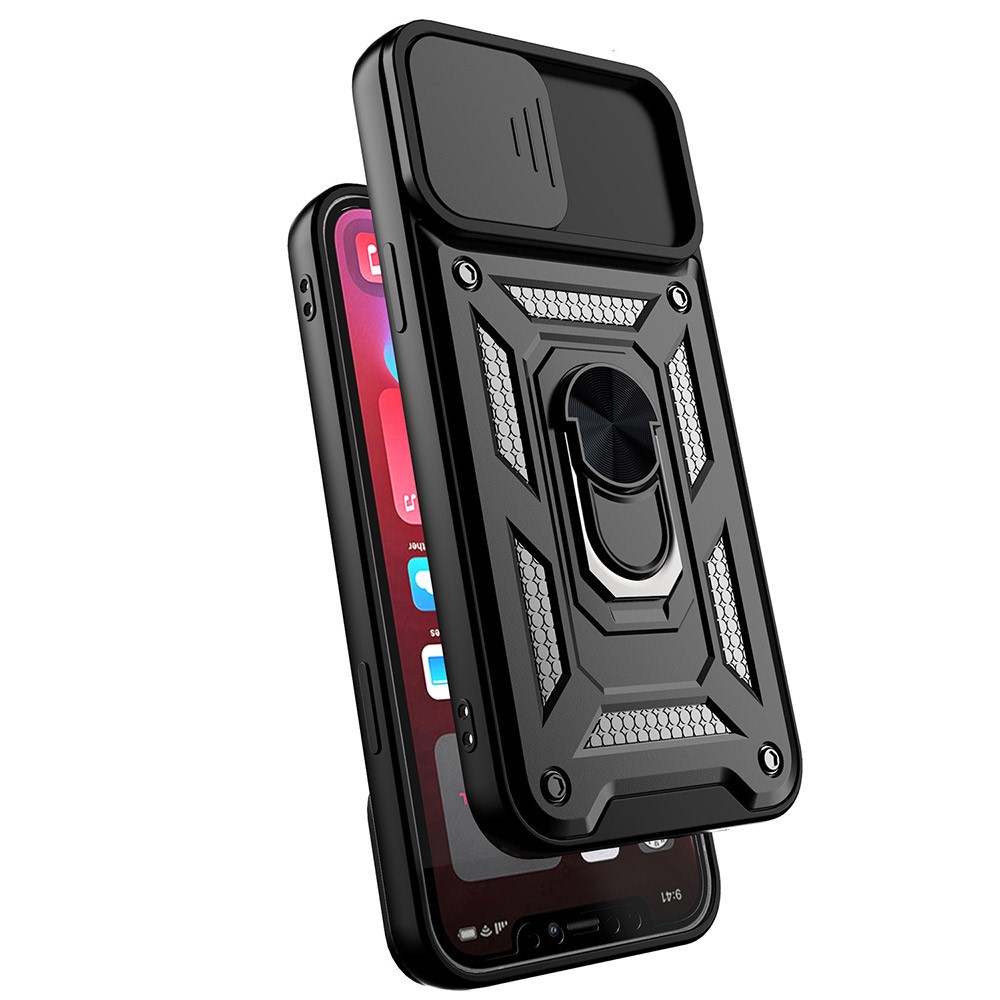 Shockproof Camera Slide Phone Case Cover with Kickstand Ring Holder for iPhone 12 Pro - Black-8