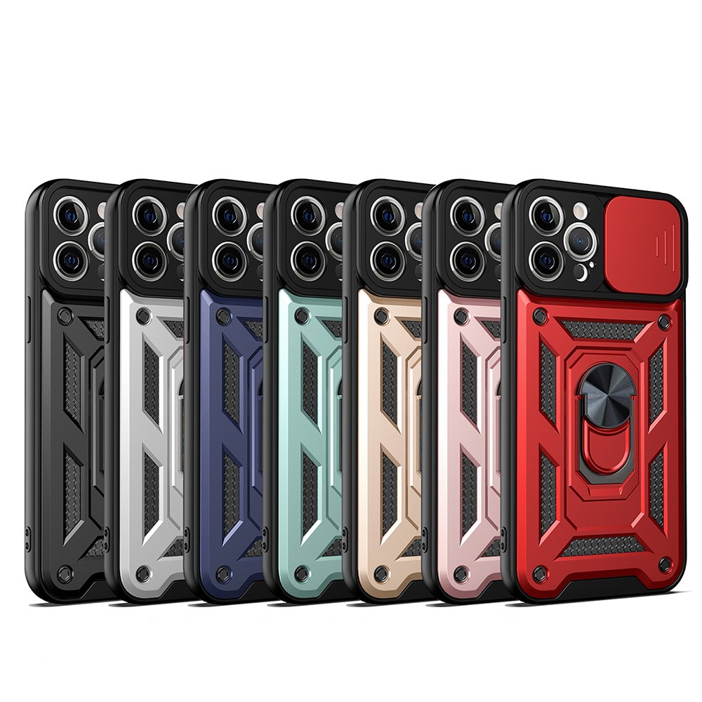 Shockproof Camera Slide Phone Case Cover with Kickstand Ring Holder for iPhone 12 Pro - Black-9