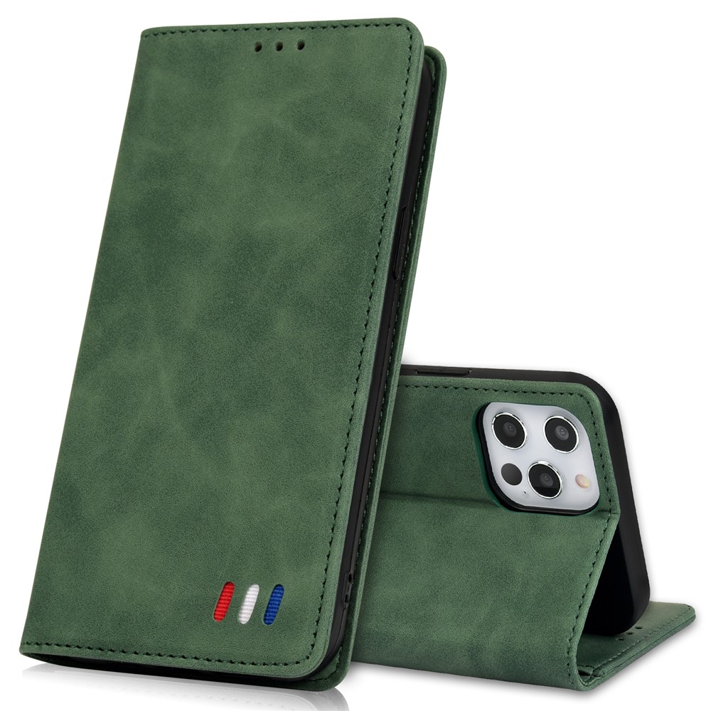 Pour IPhone 12 Pro Max Portefeuille Coque En Cuir Skin-Touch Touch Couverture De Téléphone Avec Stand & Ornement Tri-coloré - Vert-1