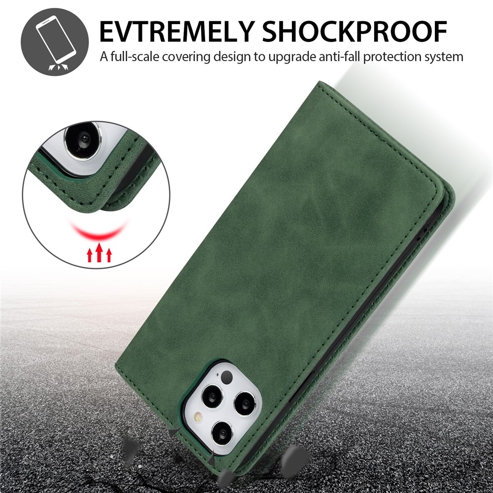 Pour IPhone 12 Pro Max Portefeuille Coque En Cuir Skin-Touch Touch Couverture De Téléphone Avec Stand & Ornement Tri-coloré - Vert-2