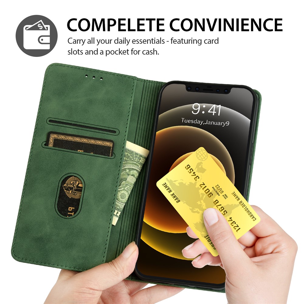 Pour IPhone 12 Pro Max Portefeuille Coque En Cuir Skin-Touch Touch Couverture De Téléphone Avec Stand & Ornement Tri-coloré - Vert-3