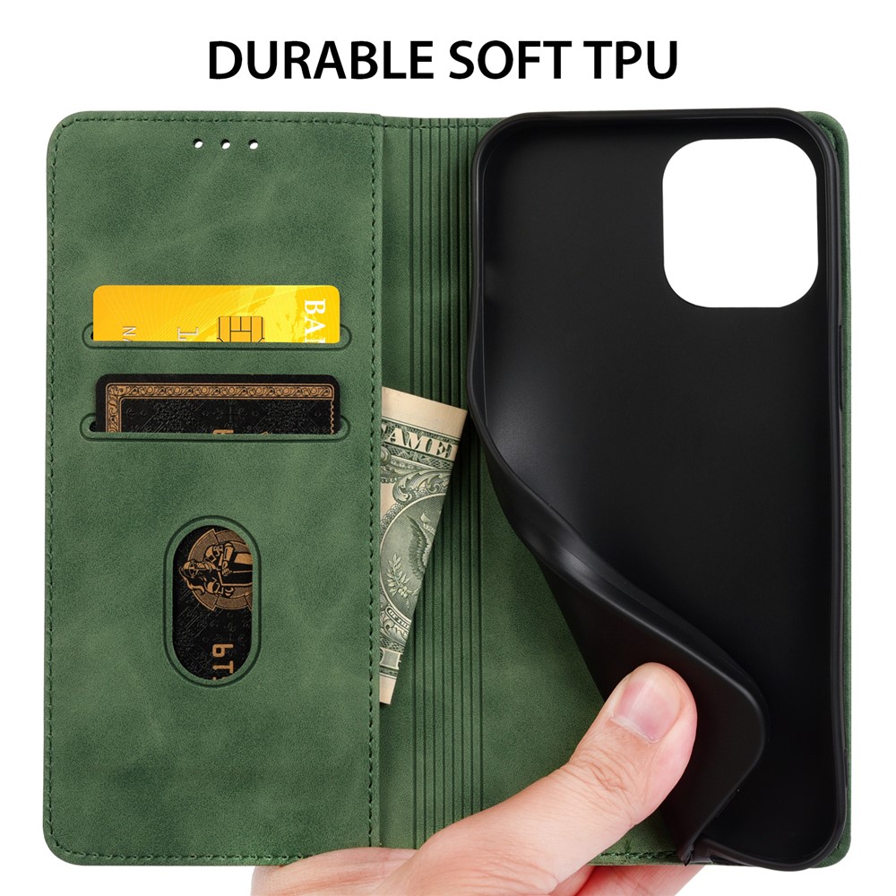 Pour IPhone 12 Pro Max Portefeuille Coque En Cuir Skin-Touch Touch Couverture De Téléphone Avec Stand & Ornement Tri-coloré - Vert-5