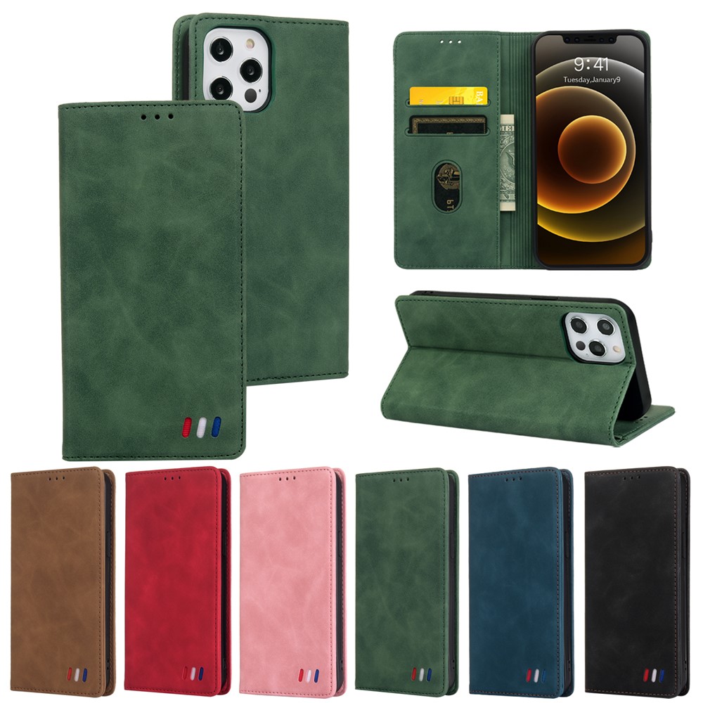 Pour IPhone 12 Pro Max Portefeuille Coque En Cuir Skin-Touch Touch Couverture De Téléphone Avec Stand & Ornement Tri-coloré - Vert-8
