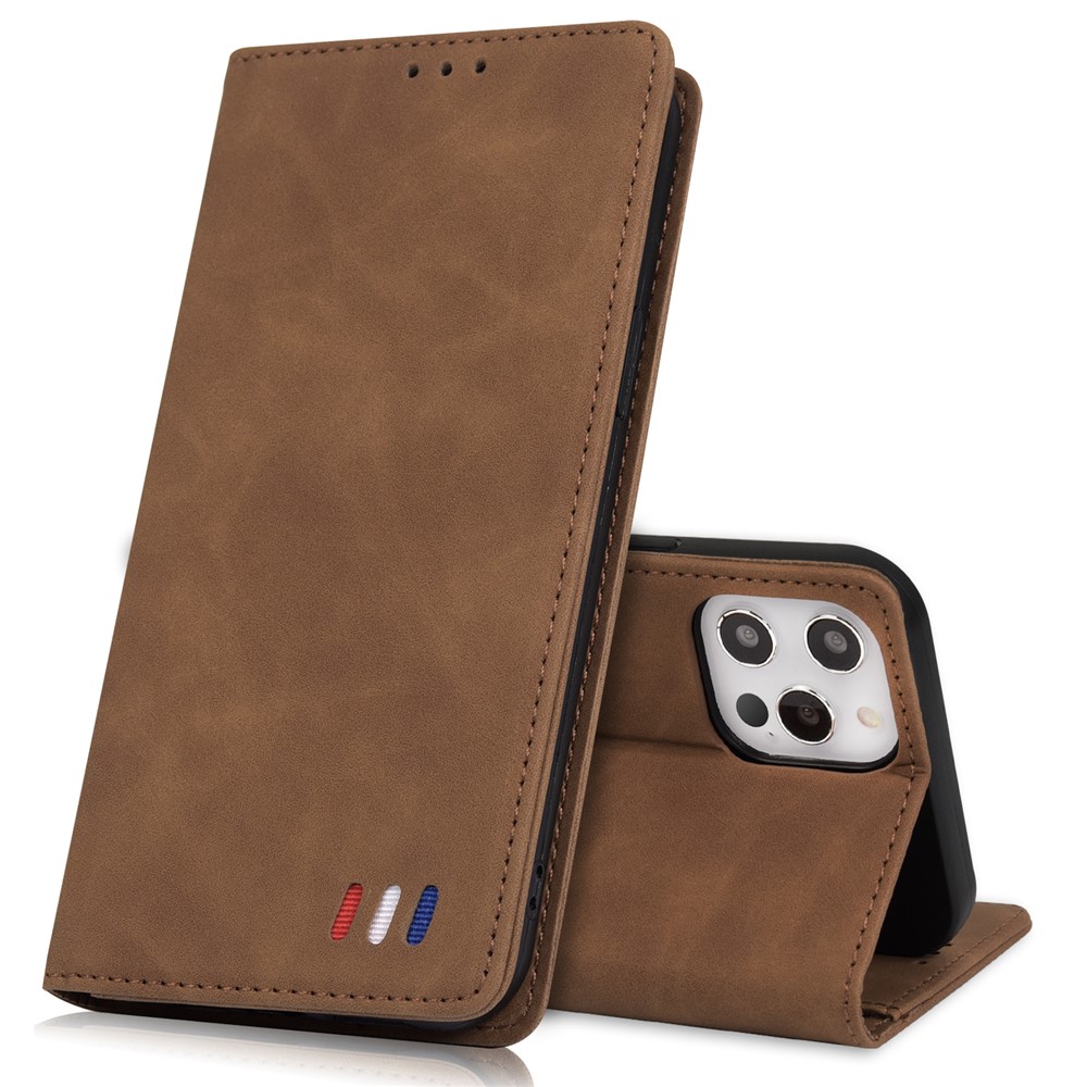 Tri-coloré Décor De Portefeuille De Portefeuille De Portefeuille Pour IPhone 12 Pro / IPhone 12 - Marron-1