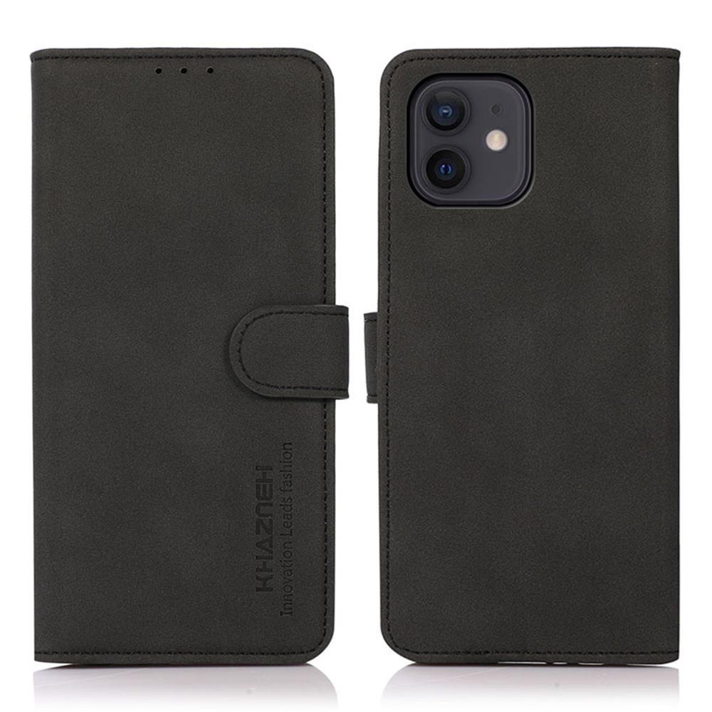 Khazneh Coolet Design Полная Защита Текстурированная Кожаный Чехол Для Телефона С Подставкой Для IPhone 12/12 Pro - Чернить-1