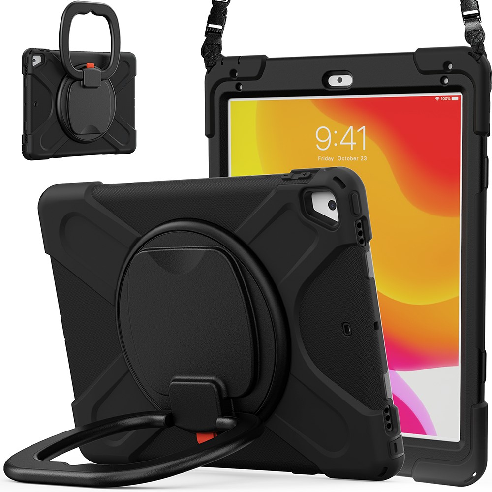 Flexible Tablet Cover with 360 Degree Swivel Kickstand + Shoulder Strap (B Style) for iPad 9.7-inch (2017)/(2018)/Air 2 - Black/Black-1