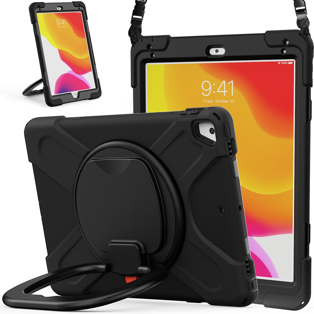 Flexible Tablet Cover with 360 Degree Swivel Kickstand + Shoulder Strap (B Style) for iPad 9.7-inch (2017)/(2018)/Air 2 - Black/Black-2