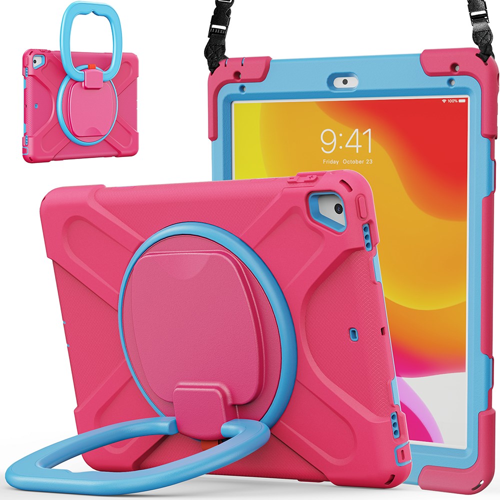 Flexible Tablet Cover with 360 Degree Swivel Kickstand + Shoulder Strap (B Style) for iPad 9.7-inch (2017) / (2018) / Air 2 - Rose / Sky Blue