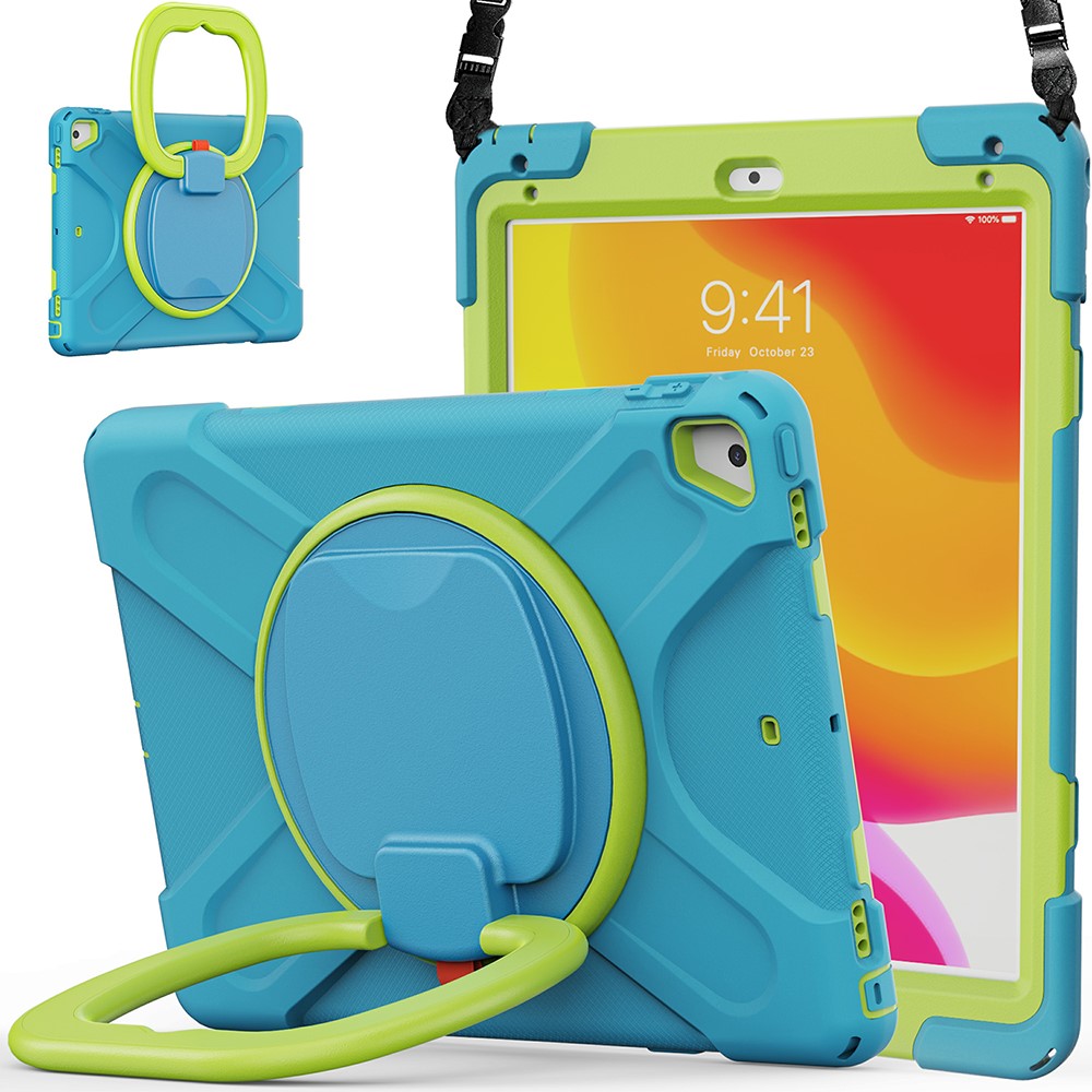 Flexible Tablet Cover with 360 Degree Swivel Kickstand + Shoulder Strap (B Style) for iPad 9.7-inch (2017) / (2018) / Air 2 - Sky Blue / Green