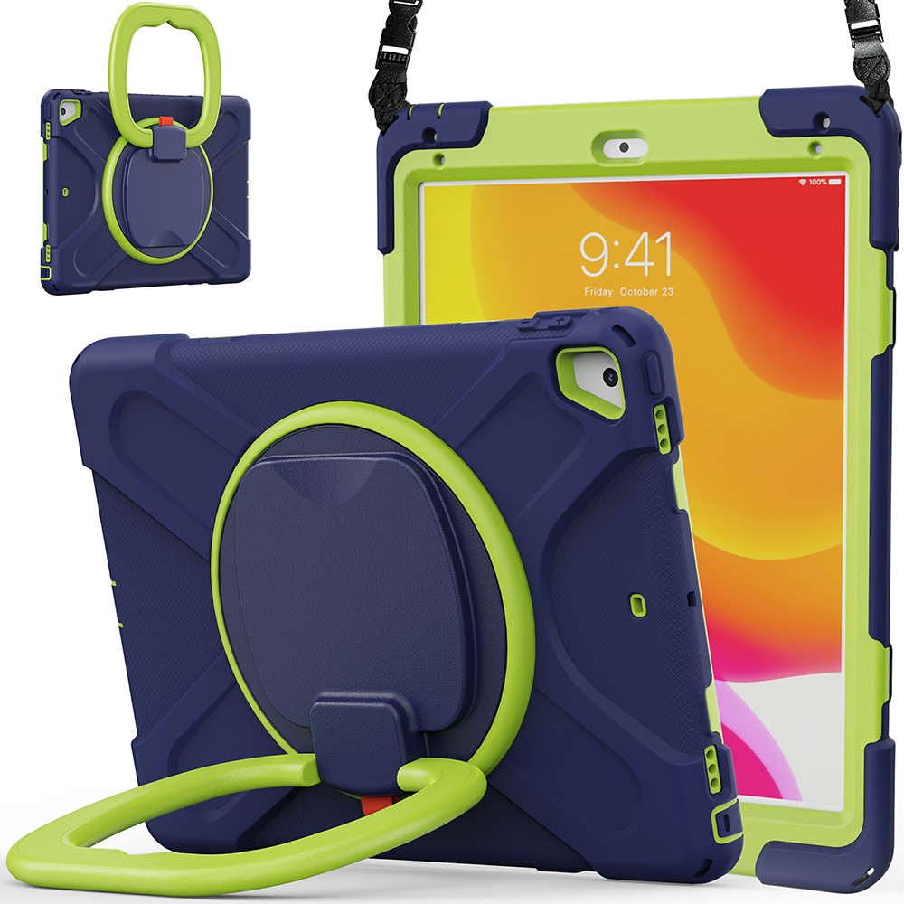 Flexible Tablet Cover with 360 Degree Swivel Kickstand + Shoulder Strap (B Style) for iPad 9.7-inch (2017) / (2018) / Air 2 - Dark Blue / Green