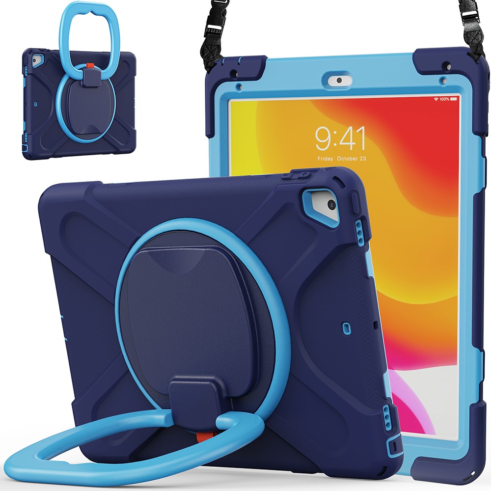 Flexible Tablet Cover with 360 Degree Swivel Kickstand + Shoulder Strap (B Style) for iPad 9.7-inch (2017) / (2018) / Air 2 - Dark Blue / Sky Blue