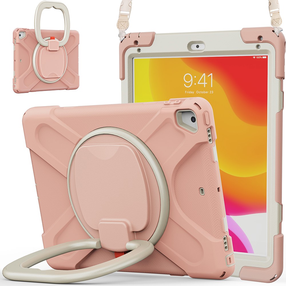 Flexible Tablet Cover with 360 Degree Swivel Kickstand + Shoulder Strap (B Style) for iPad 9.7-inch (2017) / (2018) / Air 2 - Pink / White