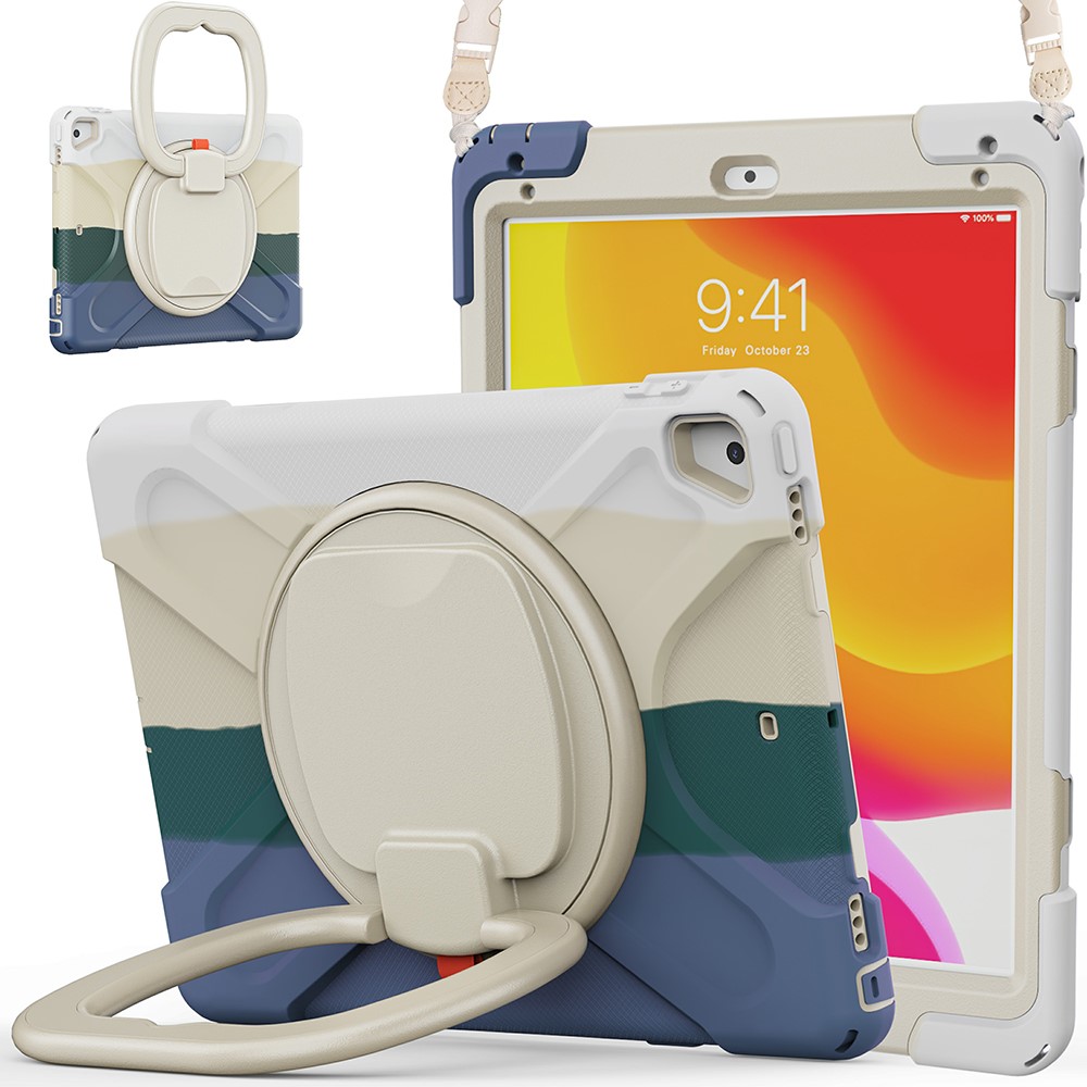 Flexible Tablet Cover with 360 Degree Swivel Kickstand + Shoulder Strap (B Style) for iPad 9.7-inch (2017) / (2018) / Air 2 - Colorful / White