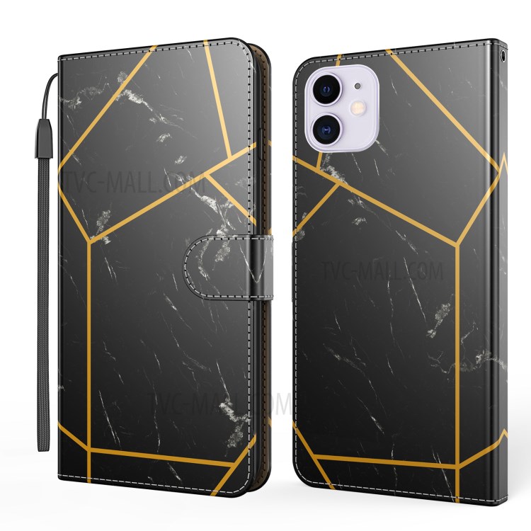 Marble Pattern Wallet Leather Case for iPhone 12 mini 5.4 inch Flip Stand Phone Cover Accessory - Black-1