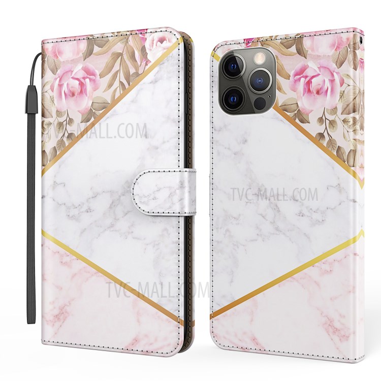 Marble Pattern Leather Case for iPhone 12 Pro / 12 6.1 inch Wallet Stand Mobile Phone Cover with Strap - Flower / White-1