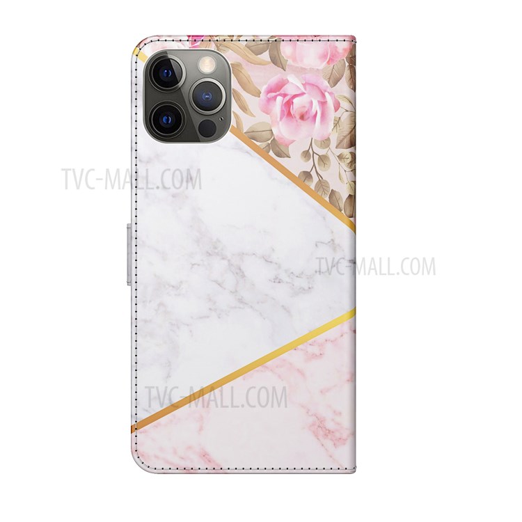 Marble Pattern Leather Case for iPhone 12 Pro / 12 6.1 inch Wallet Stand Mobile Phone Cover with Strap - Flower / White-3