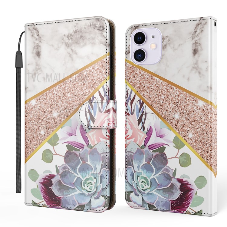 Marble Pattern Printing Stand Wallet Leather Mobile Phone Cover for iPhone 12 mini 5.4 inch - White / Flower-1